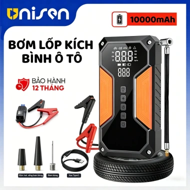 Unisen Máy Bơm Lốp 10.000mAh Đèn LED, Sạc Dự Phòng và Màn Hình Thông Minh 5IN1