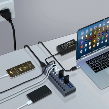 USB 3.0 Hub 10 Cổng Đa Nguồn, Docking Station, Sạc Nhanh, Công Tắc Thông Minh, Giá ưu đãi 370.420₫