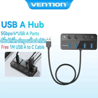 USB A HUB Vention 4 trong 1 USB3.0 5Gbps Chuyển đổi USB-C công tắc nguồn riêng lẻ
