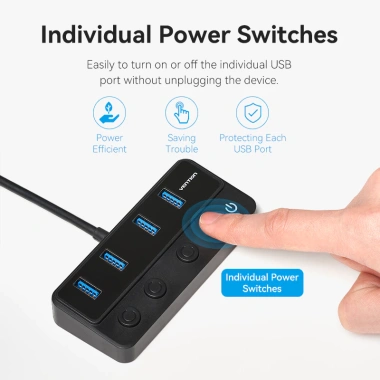 USB A HUB Vention 4 trong 1 USB3.0 5Gbps Chuyển đổi USB-C công tắc nguồn riêng lẻ