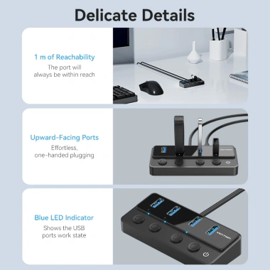 USB A HUB Vention 4 trong 1 USB3.0 5Gbps Chuyển đổi USB-C công tắc nguồn riêng lẻ