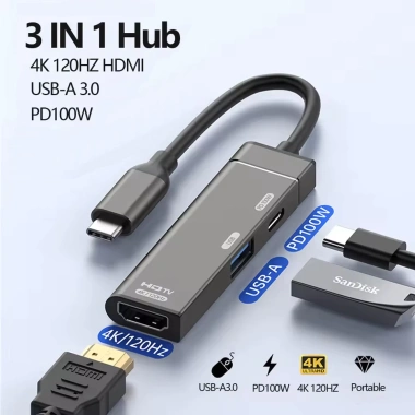 USB-C Hub 3 trong 1 Type-C sang HDMI 4K 120Hz + USB3.0 & 100W PD Docking Station