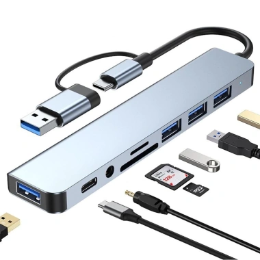 USB Hub 3.0 Nhôm 8 Cổng (2 Bộ Chia) + Đầu Đọc Thẻ TF/SD 3.5mm - Giá 137.5k Giảm Đặc Biệt 8