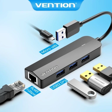 USB HUB Vention: Đầu chia USB A sang RJ45 Gigabit 10/100/1.000Mbps, 4 cổng USB 3.0/2.0, giảm giá 390.000₫