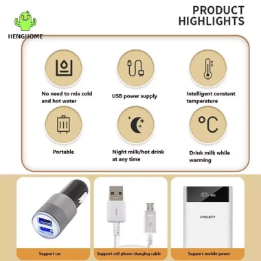USB Sữa Nước Ấm HENGHOME Bình Nóng Di Động, Túi Cách Nhiệt Xe Đẩy Du Lịch Bé