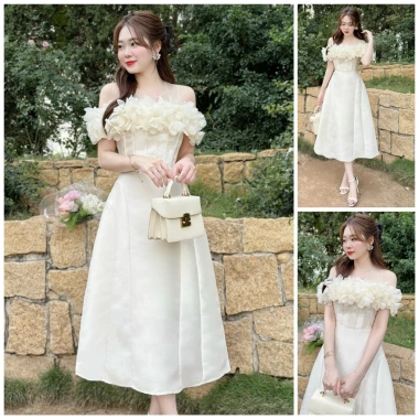 V416 RC404 Váy kem tafta xếp ngực siêu xinh – Trễ vai chảnh TH Hà Thanh, giá 479k