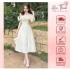 V416 Váy kem trễ vai cổ lưới dáng A xòe dài - CHÍNH HÃNG HALE Hà Thanh Boutique, chất Tafta, giảm giá 469k