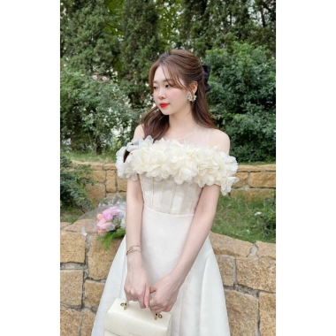 V416 Váy kem trễ vai cổ lưới dáng A xòe dài - CHÍNH HÃNG HALE Hà Thanh Boutique, chất Tafta, giảm giá 469k