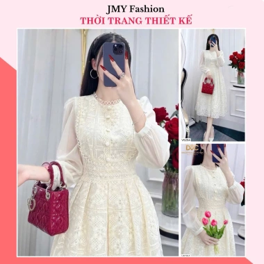 V5.254 Váy ren kem xòe dài tay tơ nữ tính - Dolce Viva Collection - Công sở 448k