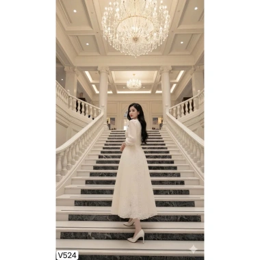 V5.254 Váy ren kem xòe dài tay tơ nữ tính - Dolce Viva Collection - Công sở 448k