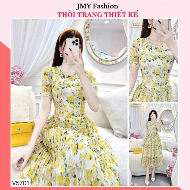 V5.701 Váy hoa nhí vàng dáng xòe dập ly nữ tính - Dolce Viva Colection - Đầm công sở voan 510k