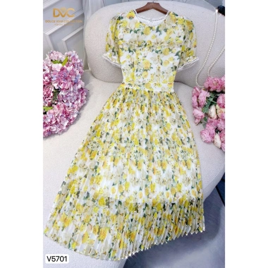 V5.701 Váy hoa nhí vàng dáng xòe dập ly nữ tính - Dolce Viva Colection - Đầm công sở voan 510k