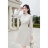 V633 RC698 Váy đầm kem dạ dáng A dài tay công sở TH HA LE ren cổ V nữ tính 494k 2