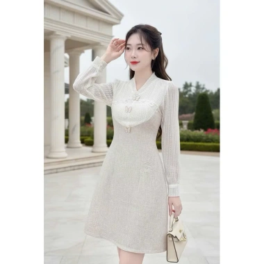 V633 RC698 Váy đầm kem dạ dáng A dài tay công sở TH HA LE ren cổ V nữ tính 494k 2