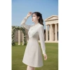 V633 RC698 Váy đầm kem dạ dáng A dài tay công sở TH HA LE ren cổ V nữ tính 494k 3