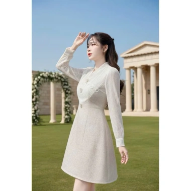 V633 RC698 Váy đầm kem dạ dáng A dài tay công sở TH HA LE ren cổ V nữ tính 494k 3