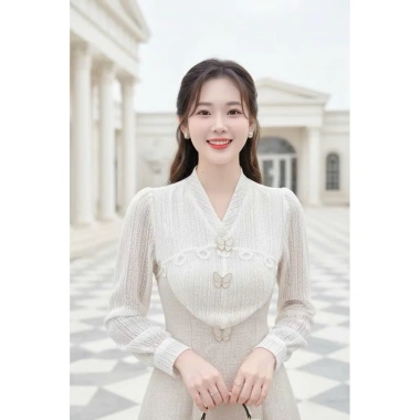 V633 RC698 Váy đầm kem dạ dáng A dài tay công sở TH HA LE ren cổ V nữ tính 494k 4