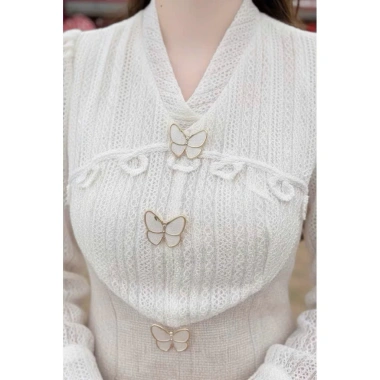 V633 RC698 Váy đầm kem dạ dáng A dài tay công sở TH HA LE ren cổ V nữ tính 494k 6