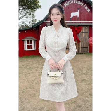 V633 RC698 Váy đầm kem dạ dáng A dài tay công sở TH HA LE ren cổ V nữ tính 494k 7