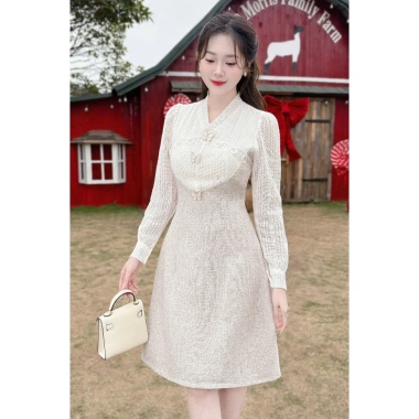 V633 RC698 Váy đầm kem dạ dáng A dài tay công sở TH HA LE ren cổ V nữ tính 494k 8