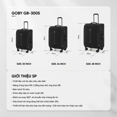 Vali Công Tác GOBY GB3.005 Vải Bền Đa Kích Thước 20/24/28, Khóa Dây Kép An Toàn, Dây Nới Thể Tích - Giá Giảm 2.058.500 VND