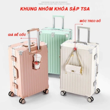 Vali khung nhôm TSA cao cấp, khóa sập an toàn, size 20-29 inch, kèm giá để cốc - mới nội địa