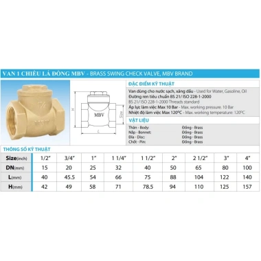 Van 1 chiều lá đồng MBV - Đĩa lá lật, brass seat, chịu áp lực cao, không rò rỉ, giá ưu đãi 93.900₫