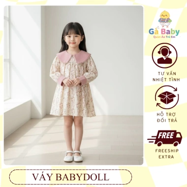 Váy Babydoll họa tiết hoa tay dài cho bé gái hồng xanh, vải mềm mại, giảm giá 209k