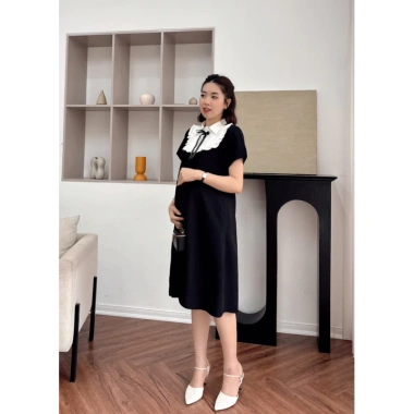 Váy Bầu Công Sở Đen Cổ Đức Trắng, Thiết Kế Bảo Ngọc, Dáng Suông Không Nhăn, Giá 349k 2