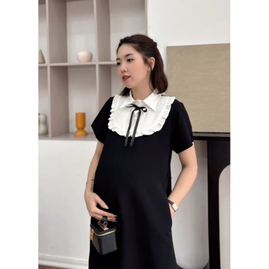 Váy Bầu Công Sở Đen Cổ Đức Trắng, Thiết Kế Bảo Ngọc, Dáng Suông Không Nhăn, Giá 349k 3