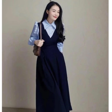 Váy bầu công sở Myla dáng xuông kẻ tay bồng cổ đức lịch, đi làm & chơi - 299k