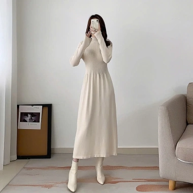 Váy bầu thun gân dài tay công sở free size, dáng A ấm áp, mịn màng, body 661 - 155k 2
