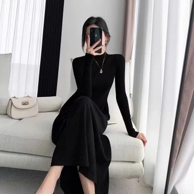 Váy bầu thun gân dài tay công sở free size, dáng A ấm áp, mịn màng, body 661 - 155k 5