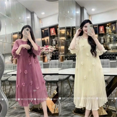 Váy bầu voan xếp ly 2 lớp tay lỡ, họa tiết hoa xinh, phù hợp đi làm, du lịch - giá 179.000₫