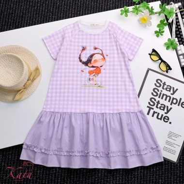 Váy bé gái dáng suông caro dễ thương, họa tiết cô bé thổi tim, vải mềm mịn thoáng mát, nhiều màu, giảm giá 175k 2