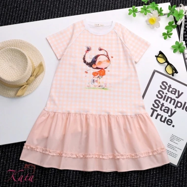 Váy bé gái dáng suông caro dễ thương, họa tiết cô bé thổi tim, vải mềm mịn thoáng mát, nhiều màu, giảm giá 175k 3