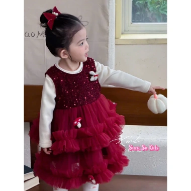Váy Bé Gái Đỏ Rượu Công Chúa Tay Dài Voan Tầng Gắn Thỏ Nấm - Mặc Tết, Chụp Ảnh 420k