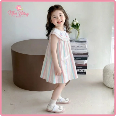 Váy bé gái kẻ sọc nhiều màu, cổ beò thêu, dáng chữ A, vải mềm thoáng mát, giá ưu đãi 221k 2