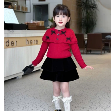 Váy bé gái nhung đen mix chân váy Noel Tết Bowknot len mới 2.026 - Hanna Kids 10-32kg