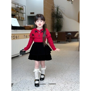 Váy bé gái nhung đen mix chân váy Noel Tết Bowknot len mới 2.026 - Hanna Kids 10-32kg