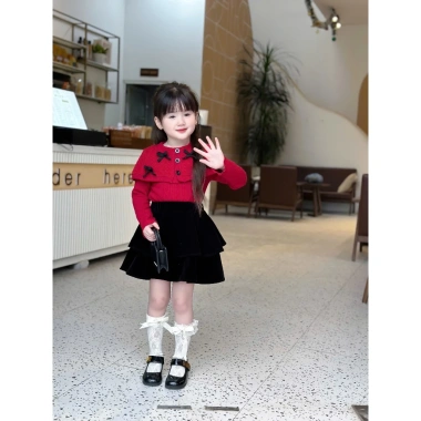 Váy bé gái nhung đen mix chân váy Noel Tết Bowknot len mới 2.026 - Hanna Kids 10-32kg