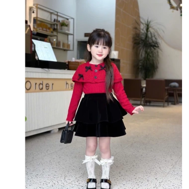 Váy bé gái nhung đen mix chân váy Noel Tết Bowknot len mới 2.026 - Hanna Kids 10-32kg