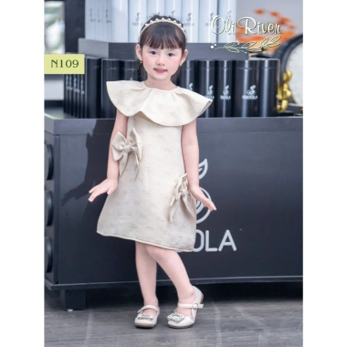 Váy bé gái Oli River - Đầm công chúa nơ to, 2 kiểu cổ dễ thương, vải mềm mịn, 315.000 VND