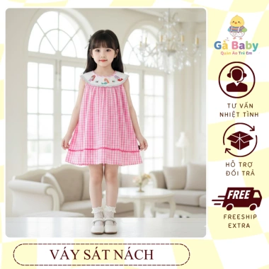 Váy bé gái sát nách caro, cổ tròn thêu nàng tiên cá - chất liệu mềm mại, giá ưu đãi 207k