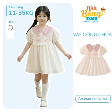 Váy Bé Gái Tay Phồng Cổ Sen và Nơ Cotton Mềm Mại, Thoáng Mát - Giá chỉ 225.000đ
