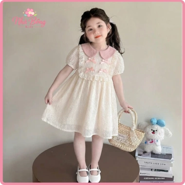 Váy Bé Gái Tay Phồng Cổ Sen và Nơ Cotton Mềm Mại, Thoáng Mát - Giá chỉ 225.000đ