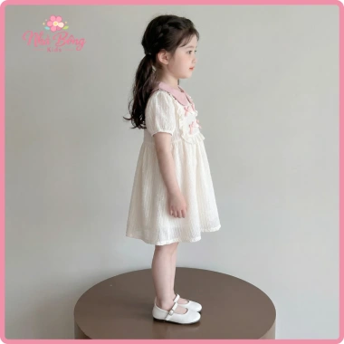 Váy Bé Gái Tay Phồng Cổ Sen và Nơ Cotton Mềm Mại, Thoáng Mát - Giá chỉ 225.000đ