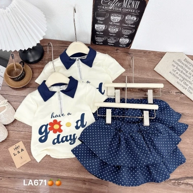 Váy bé gái Tini Kids set áo cotton cổ khoá chấm bi tiểu thư 10-30kg - Giá 122k 4