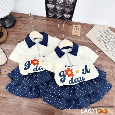 Váy bé gái Tini Kids set áo cotton cổ khoá chấm bi tiểu thư 10-30kg - Giá 122k 5