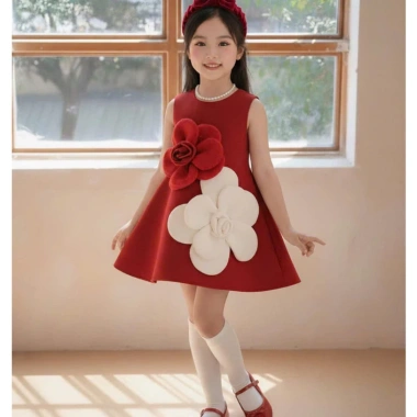 Váy bé gái xòe đính hoa 3D đỏ Đầm công chúa tiệc Noel Tết, giá ưu đãi 315k 2